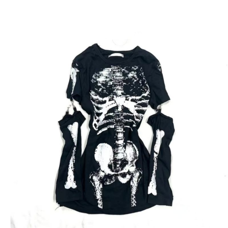 Gothic Skeleton Graphic T-Shir - Summer Goth Clothing ulasan dan harga