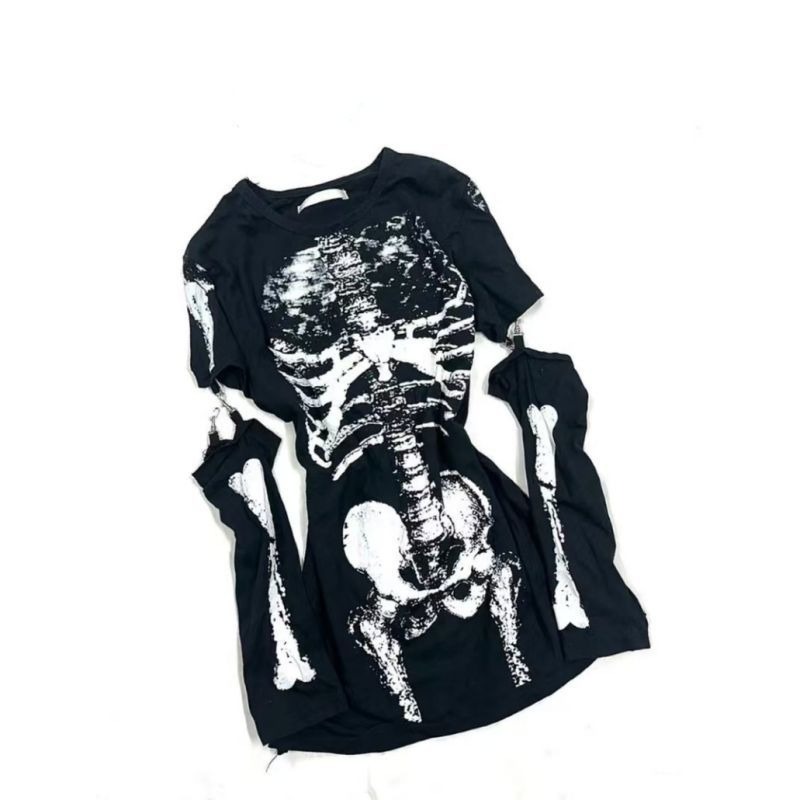 Gothic Skeleton Graphic T-Shir - Summer Goth Clothing ulasan dan harga