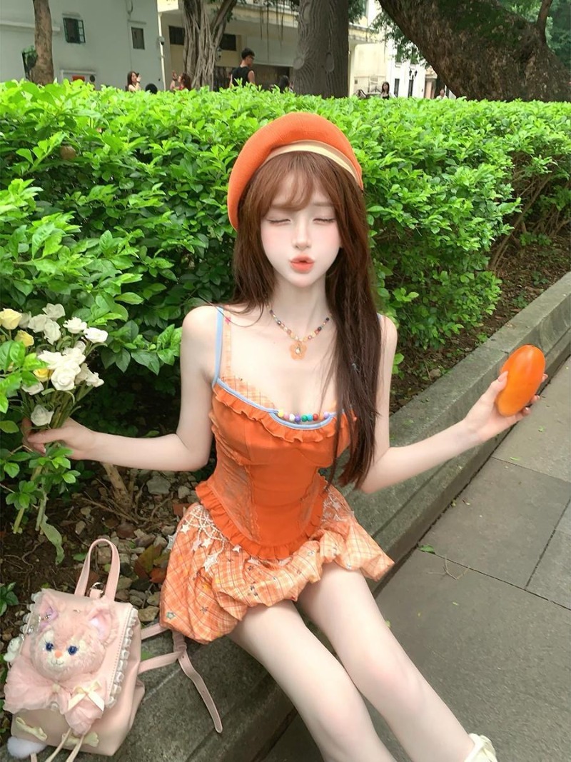 Summer New Orange Dopamine Swe - Summer Clothing Set For Girls ulasan dan harga