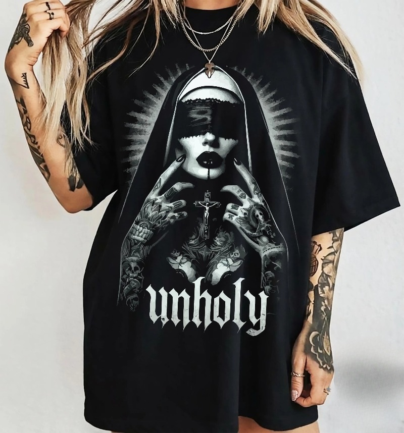 Unholy Nun T-Shirt: Gothic Sat - Summer Goth Clothing ulasan dan harga