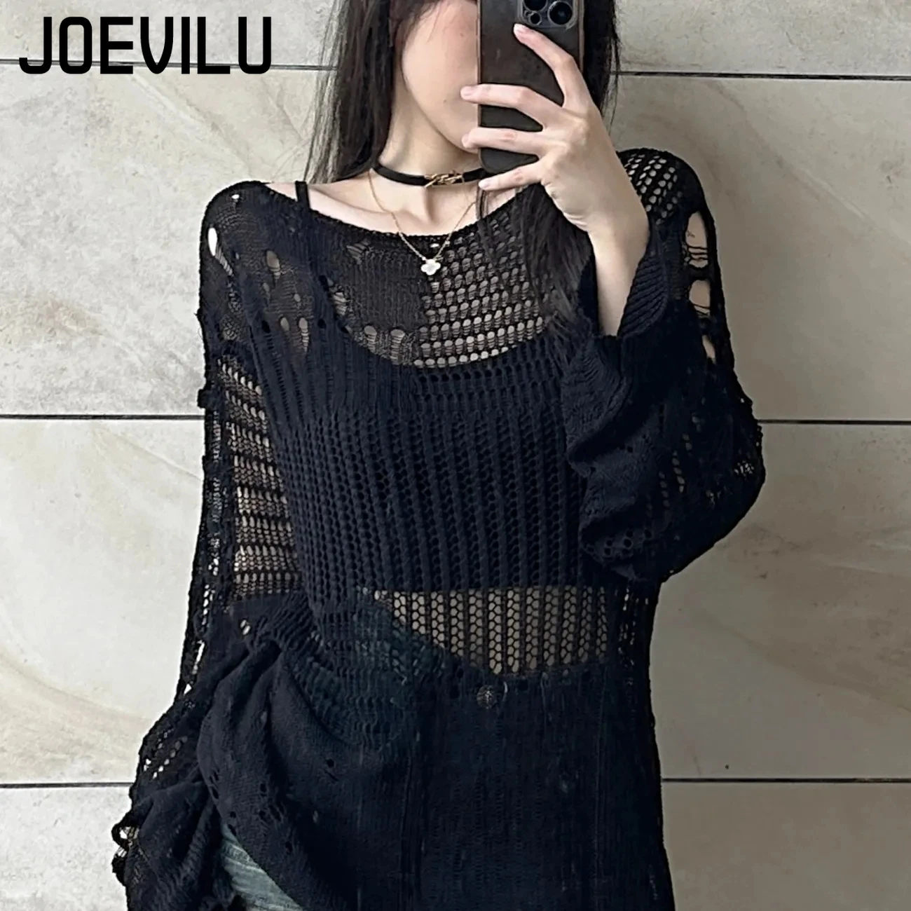 JOEVILU Hollow Knit Blouse Sum - Summer Goth Clothing ulasan dan harga
