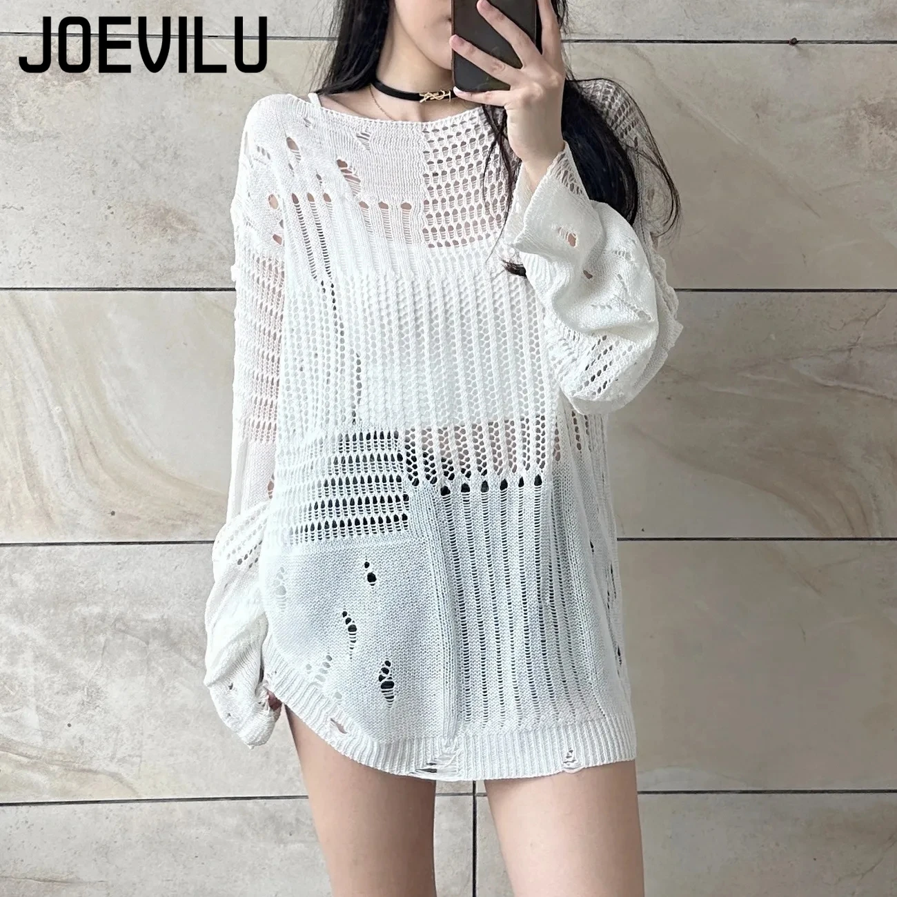 JOEVILU Hollow Knit Blouse Sum - Summer Goth Clothing ulasan dan harga