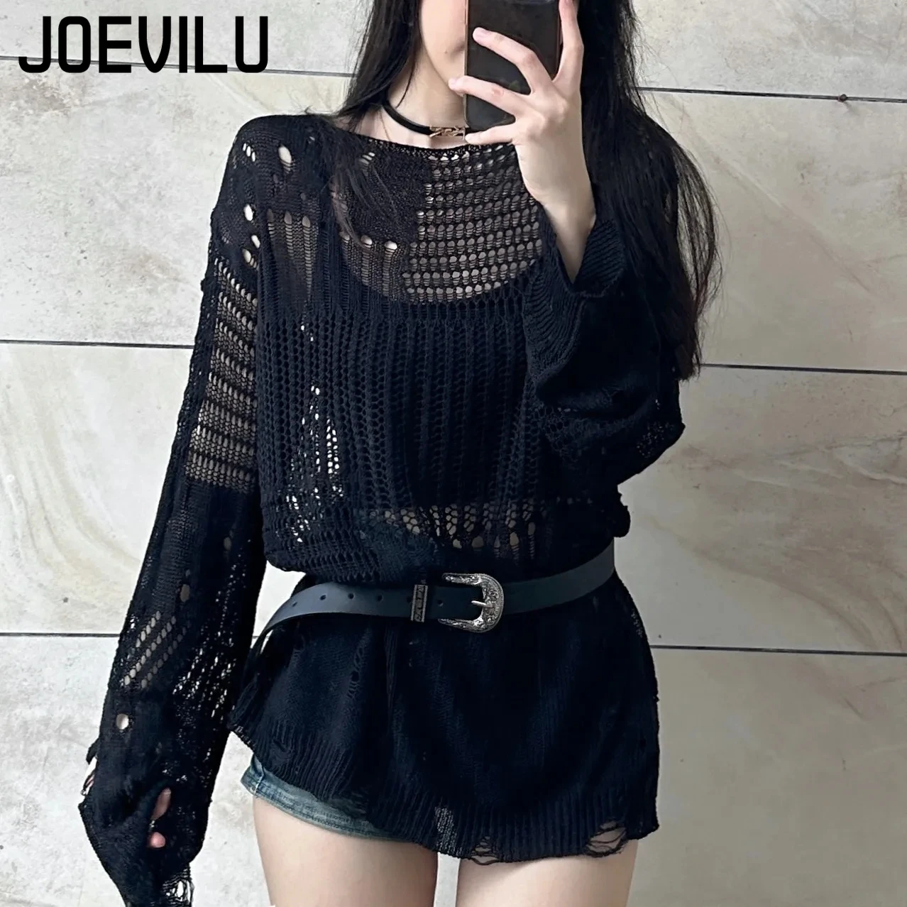 JOEVILU Hollow Knit Blouse Sum - Summer Goth Clothing ulasan dan harga