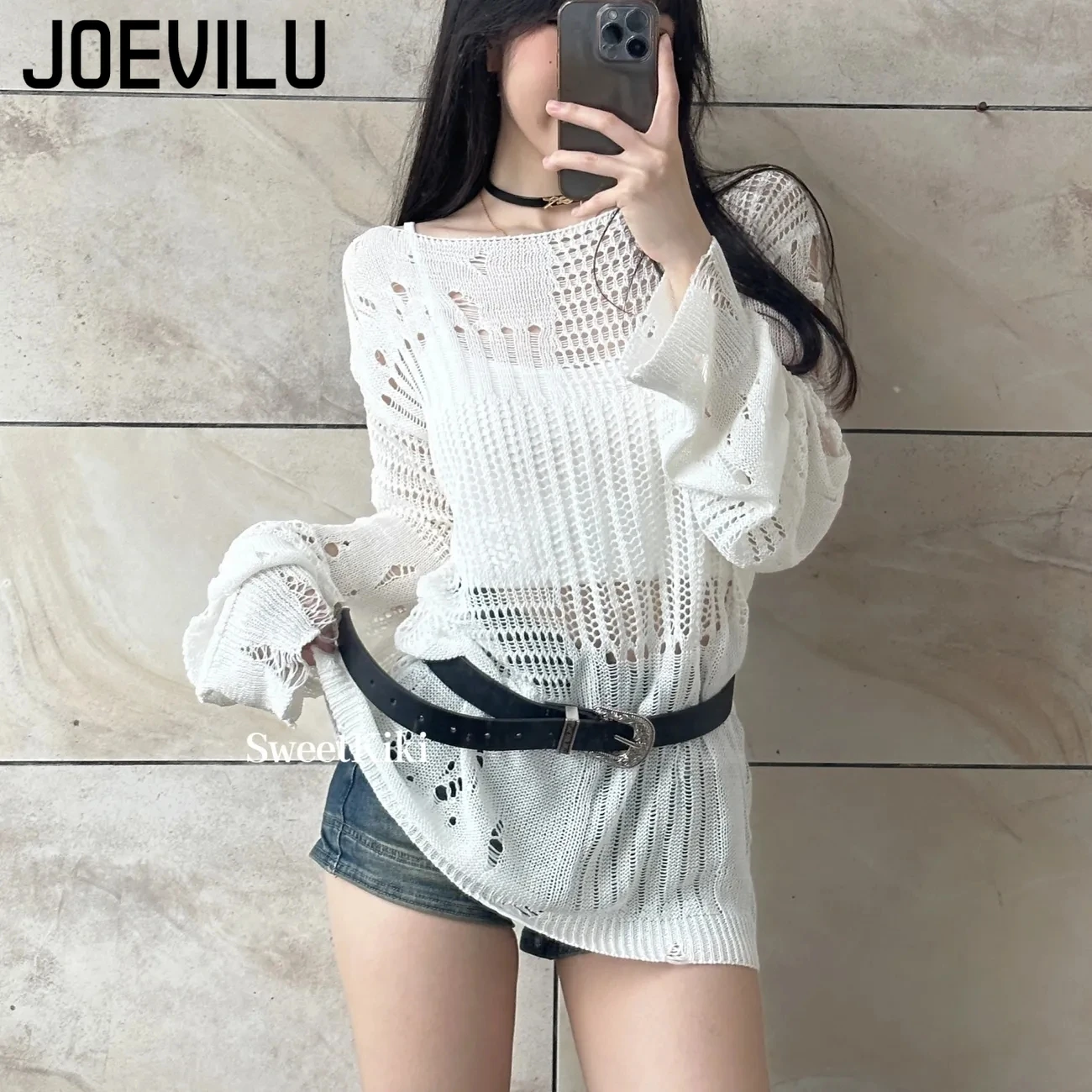 JOEVILU Hollow Knit Blouse Sum - Summer Goth Clothing ulasan dan harga