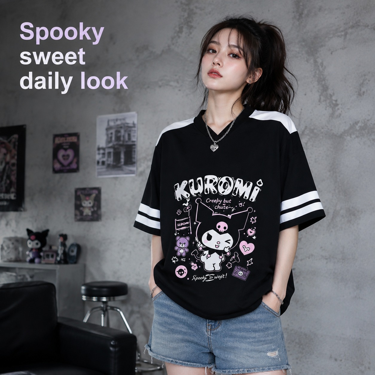 Black White Kuromi Oversized V - Summer Goth Clothing ulasan dan harga