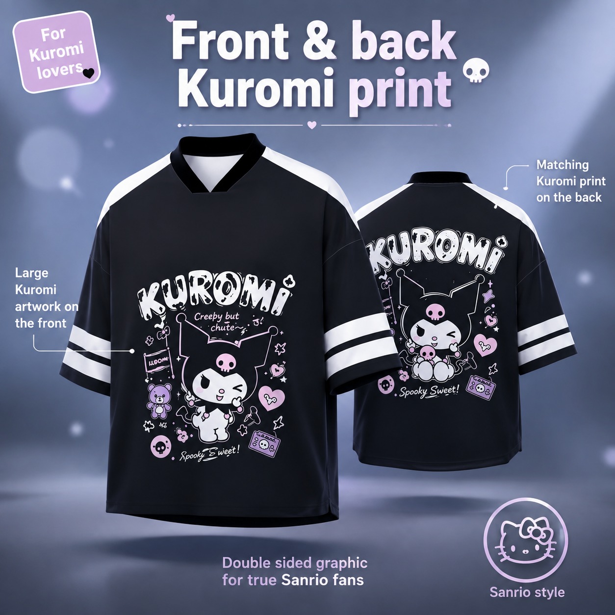 Black White Kuromi Oversized V - Summer Goth Clothing ulasan dan harga