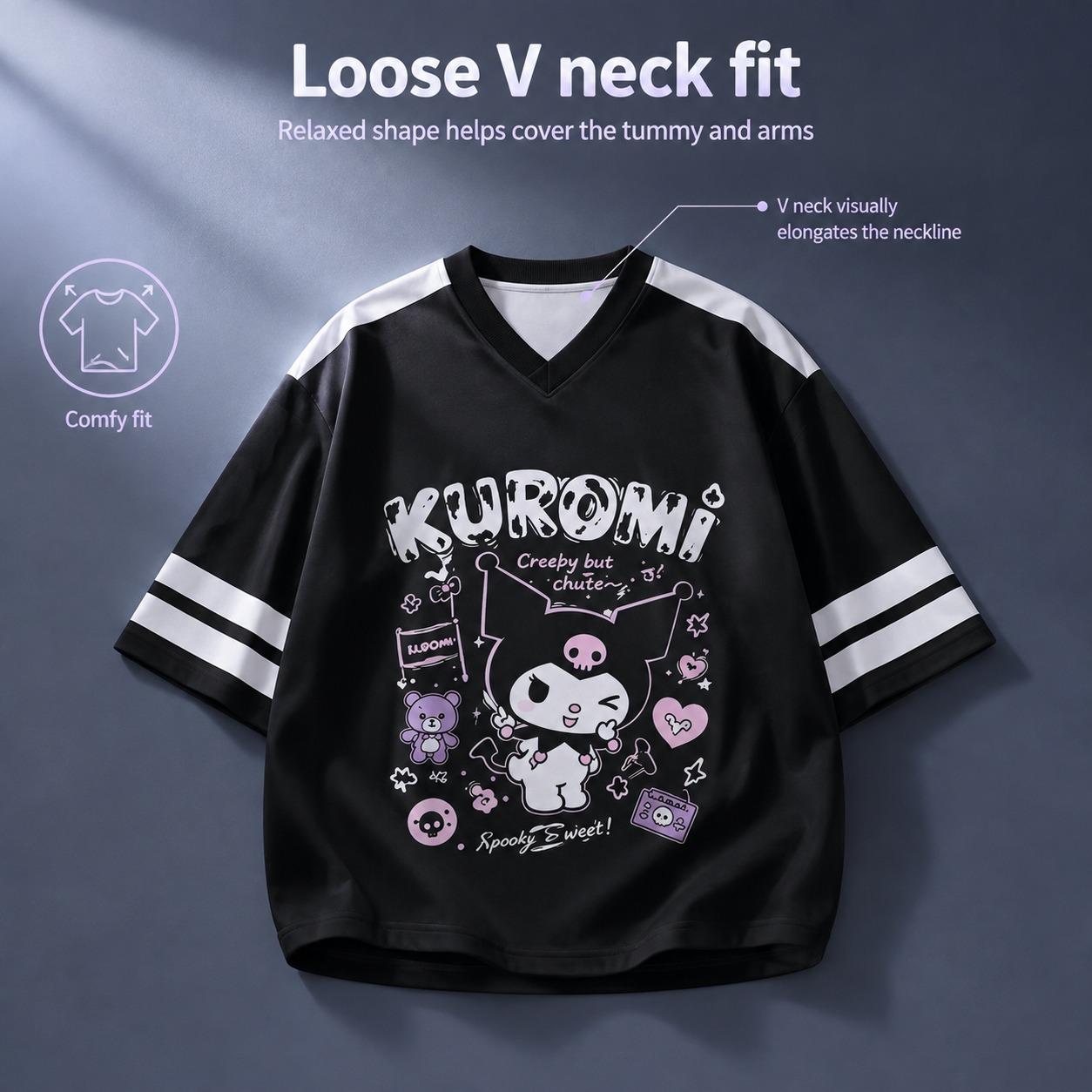 Black White Kuromi Oversized V - Summer Goth Clothing ulasan dan harga