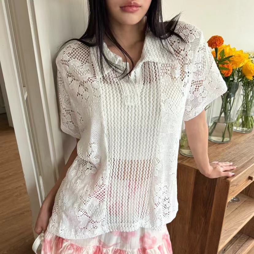 Retro  Collar Lace Shirt Women - Summer Clothing Online Shopping ulasan dan harga