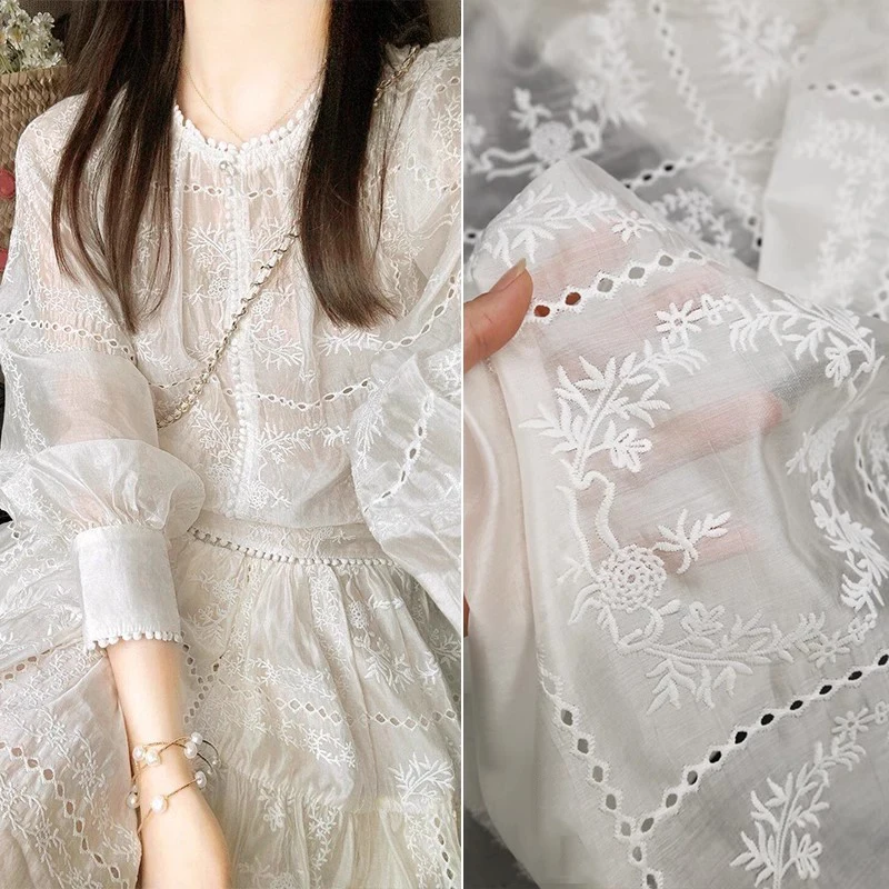 Hollow Embroidery Flower Fabri - Summer Gauze Clothing ulasan dan harga